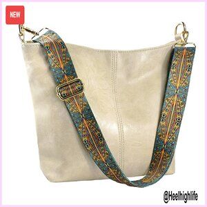 Vegan Leather Crossbody Hobo Bag with Guitar Strap and Zipper